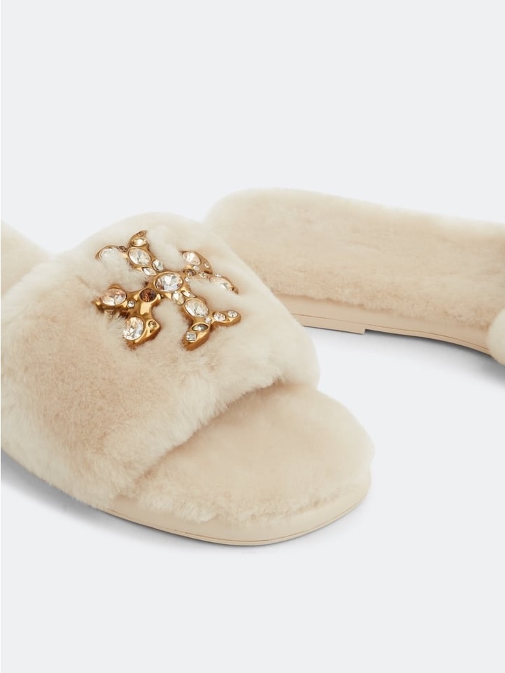Tory Burch Double T Jewel Cozy Shearling Sandals Cream Size 9 Fur Slides Luxury